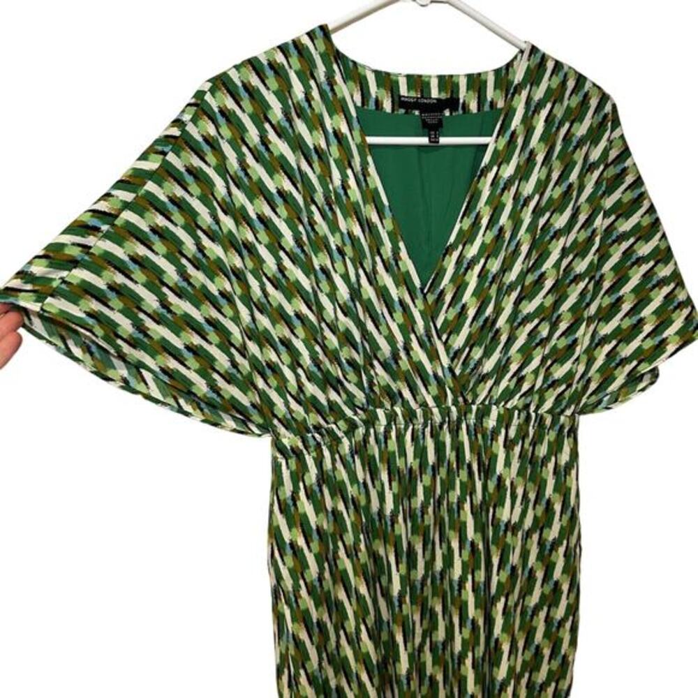 MAGGY LONDON Midi‎ Dress Green Black Blue Abstract Short Sleeve Pockets Sz 2